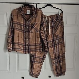 Aerie Soft Gauze Plaid Pajama Set (Button Down Shirt + Joggers)